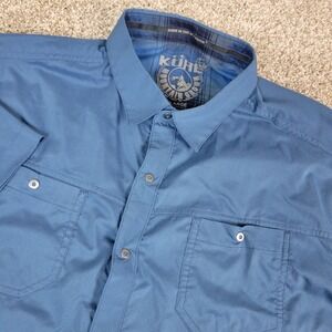 Kuhl Mountain Grown Mens XL Blue Snap Button Short Sleeve Workshirt